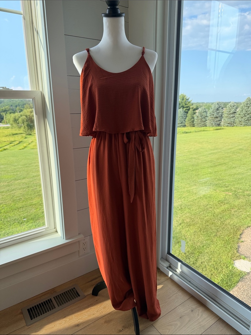 Women's Rust Orange Sleeveless Tie-Waist jumpsuit